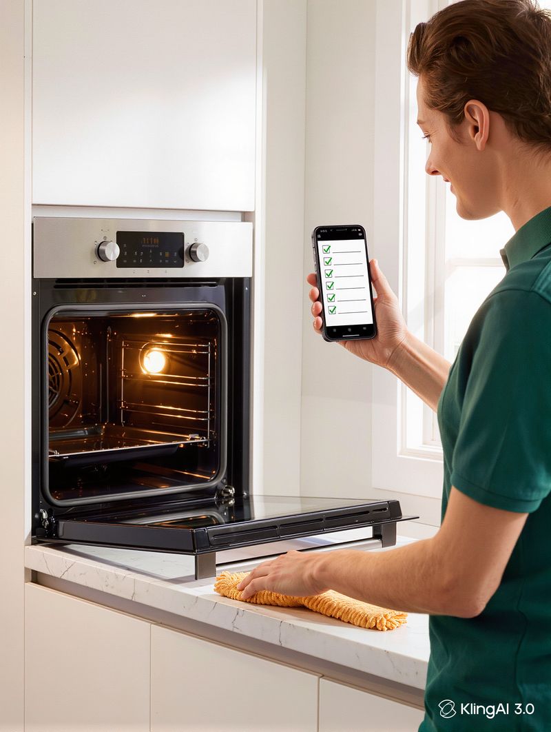 Cleaner holding a phone showing a ticked checklist next to a clean open oven. Illustration.
