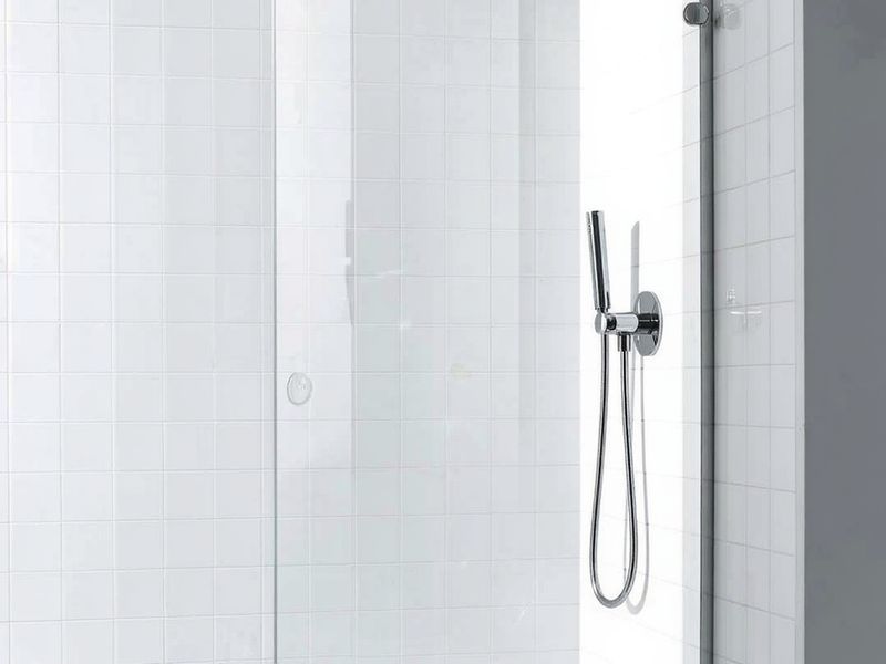 Clean glass shower screen and white tiles. Illustration.