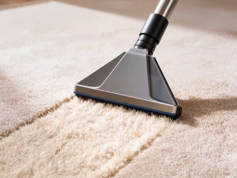 Carpet being steam cleaned with a wand, showing a clean stripe. Illustration.