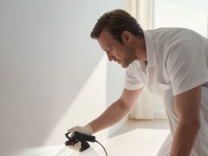 Technician spraying interior pest treatment along a skirting board. Illustration.